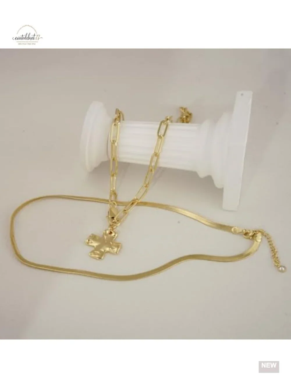 Chunky Cross Necklace Set 14K Gold Plated Paperclip Herringbone Chain